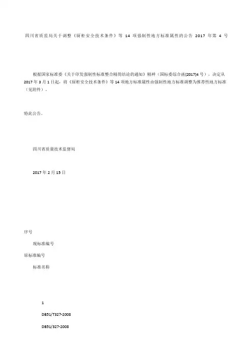 四川省质监局关于调整《厨柜安全技术条件》等4项强制性地方标准属性的公告 207年第4号