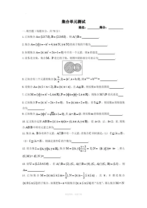 高中必修一集合测试题(含答案)