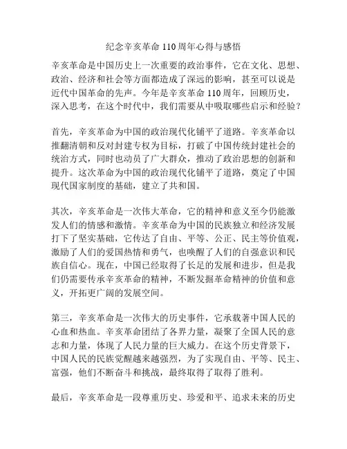 纪念辛亥革命110周年心得与感悟