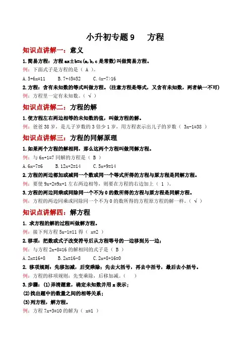 小升初数学专题训练——方程(知识讲解+达标测试) 通用版