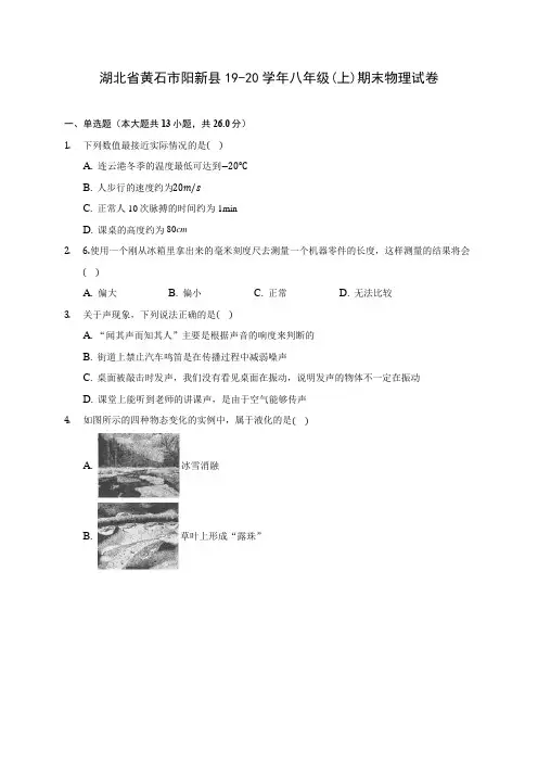 湖北省黄石市阳新县19-20学年八年级(上)期末物理试卷及答案解析