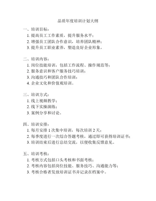 品质年度培训计划大纲