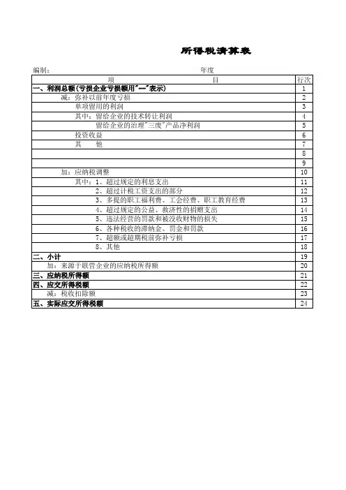 所得税清算表 表格 XLS格式 