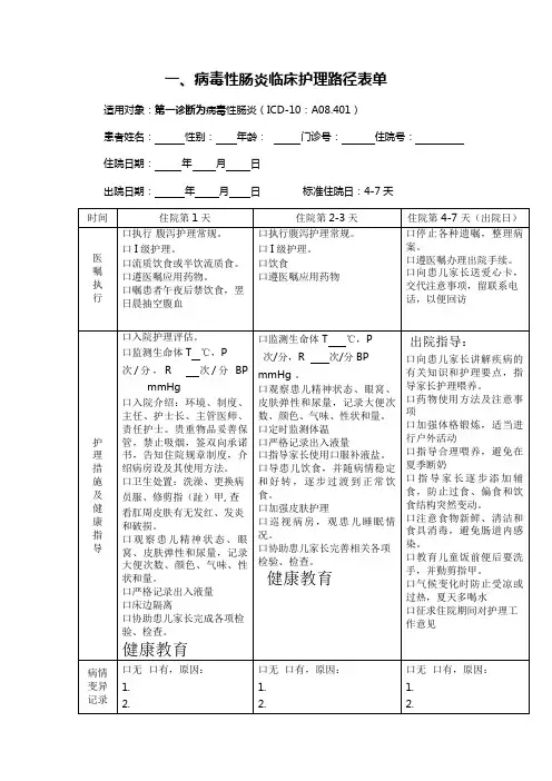 临床护理路径表单