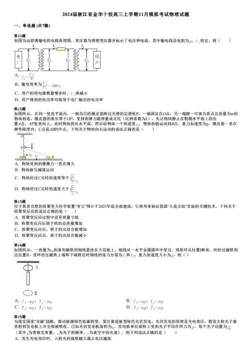 2024届浙江省金华十校高三上学期11月模拟考试物理试题