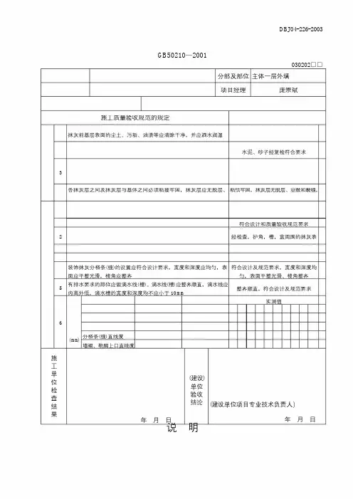 内墙抹灰工程检验批质量验收记录表