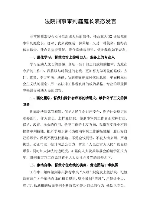 法院刑事审判庭庭长表态发言