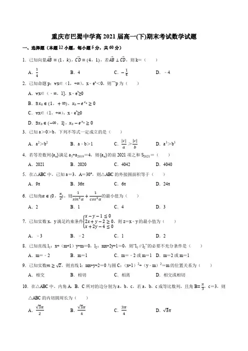 重庆市巴蜀中学2018-2019学年高一下学期末考试数学试题