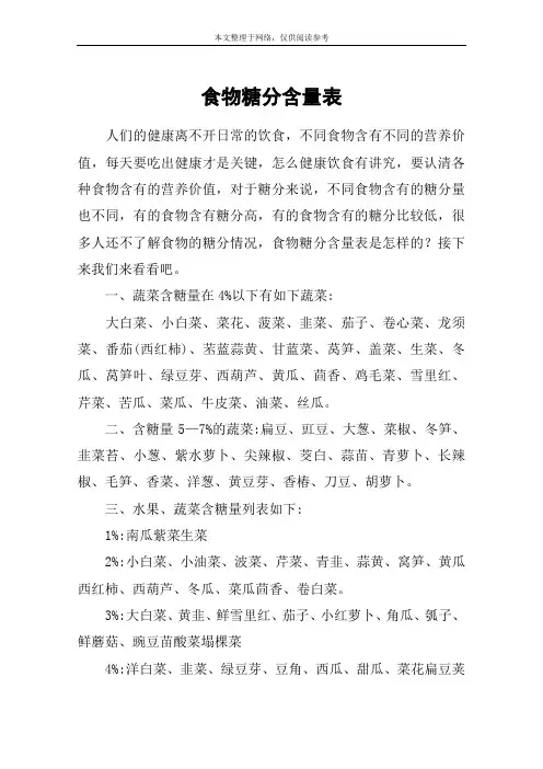 食物糖分含量表