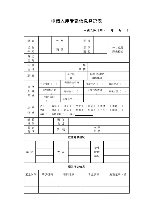 申请入库专家信息登记表【模板】