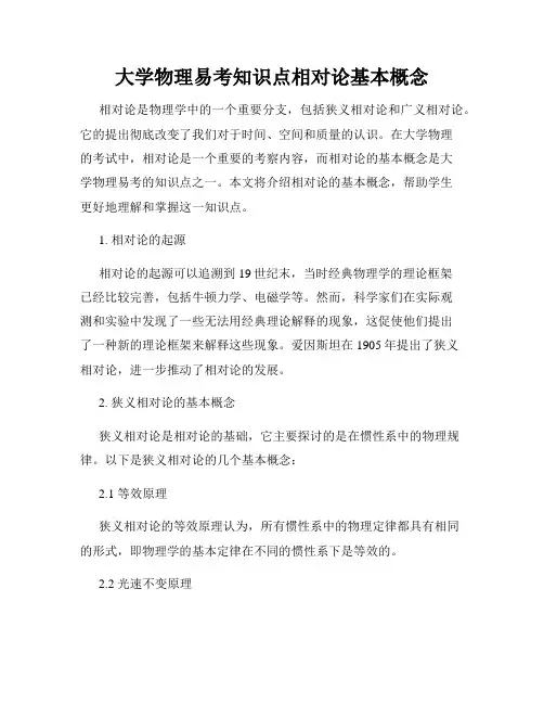 大学物理易考知识点相对论基本概念