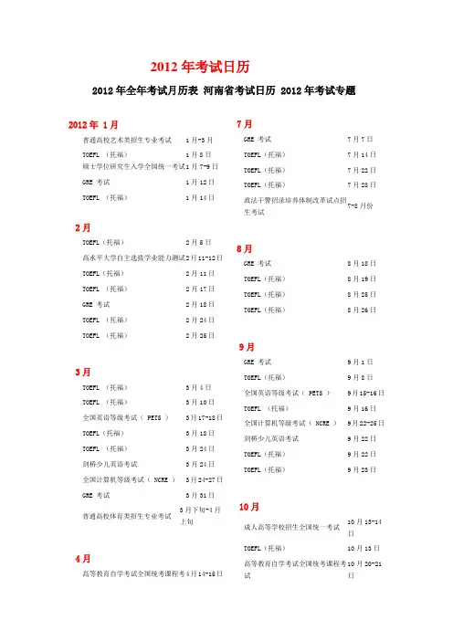 2012年全年考试月历表 河南省考试日历 2012年考试专题 2012年考试日历