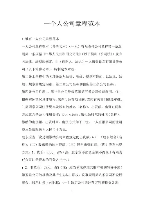 一个人公司章程范本