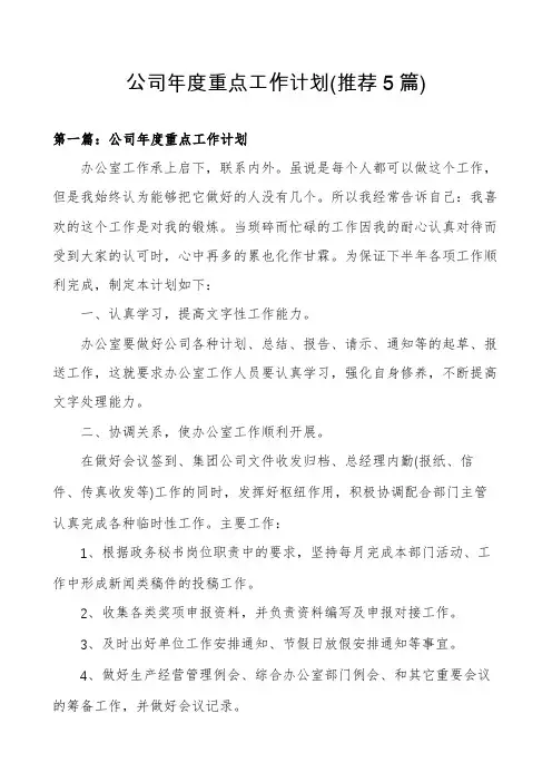 公司年度重点工作计划(推荐5篇)