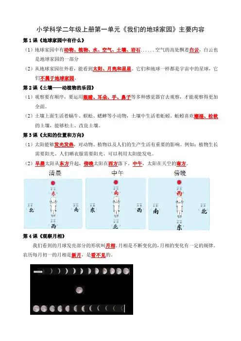 教科版二上科学第一单元《我们的地球家园》知识要点+重点实验+典型练习