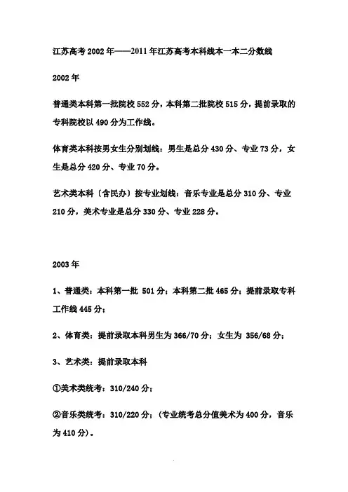 江苏高考2002年——2011年江苏高考本科线本一本二分数线 