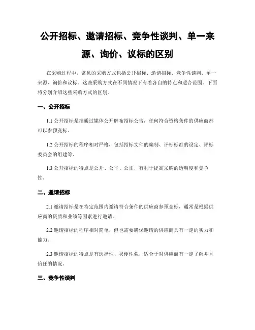 公开招标、邀请招标、竞争性谈判、单一来源、询价、议标的区别