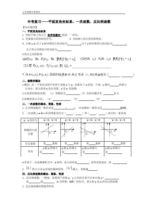 中考复习——平面直角坐标系、一次函数、反比例函数及其图象 知识点汇总及典例分析
