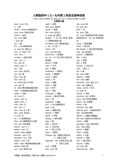 人教版初中(七~九年级)英语全部单词表
