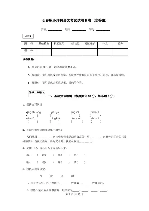 长春版小升初语文考试试卷B卷 (含答案)