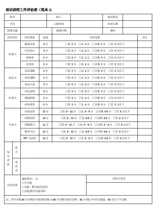 培训讲师工作评估表【范本模板】