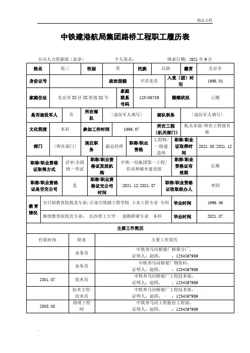 个人履历表(模板)