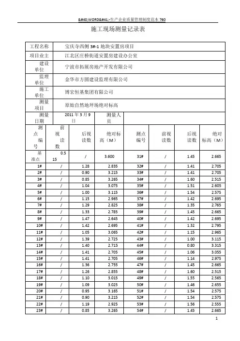 施工现场原始地坪标高测量记录表