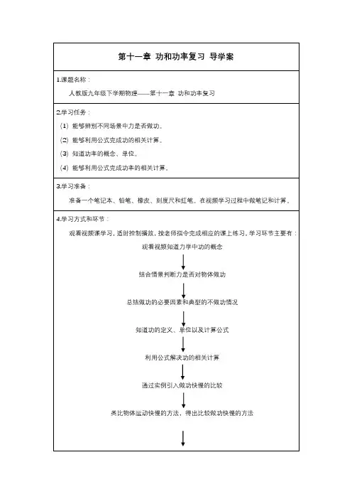 人教版初中物理九年级下册第十一章 功和功率复习-学习任务