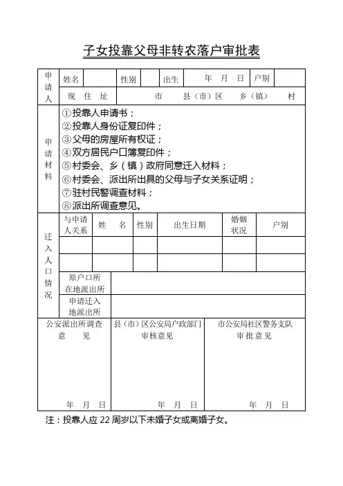 公安户政管理机关出具子女投靠父母非转农落户审批表模板