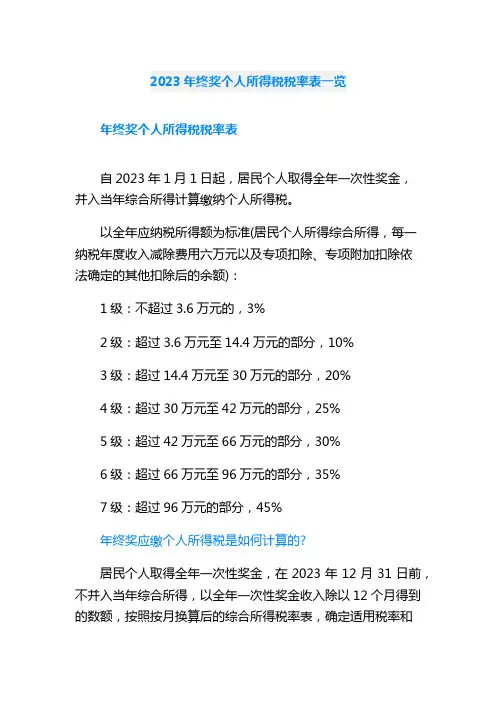 2023年终奖个人所得税税率表一览