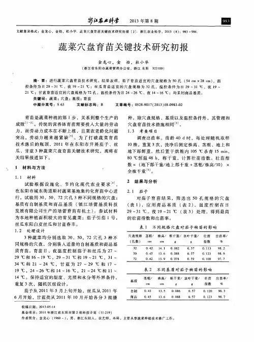 蔬菜穴盘育苗关键技术研究初报