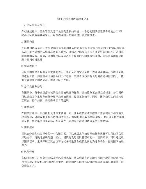 创业计划书团队管理及分工