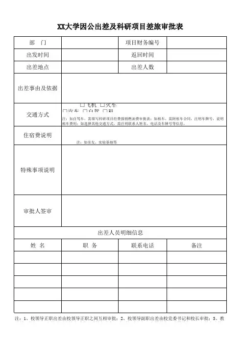 XX大学因公出差及科研项目差旅审批表