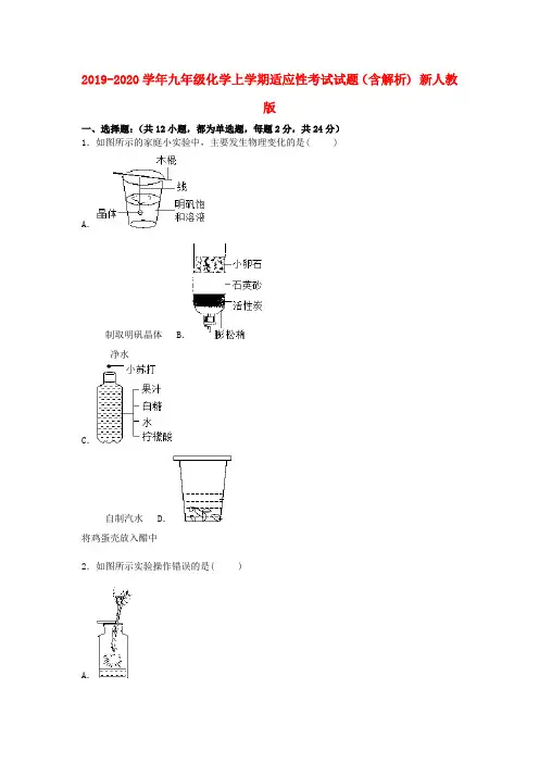 2019-2020学年九年级化学上学期适应性考试试题(含解析) 新人教版