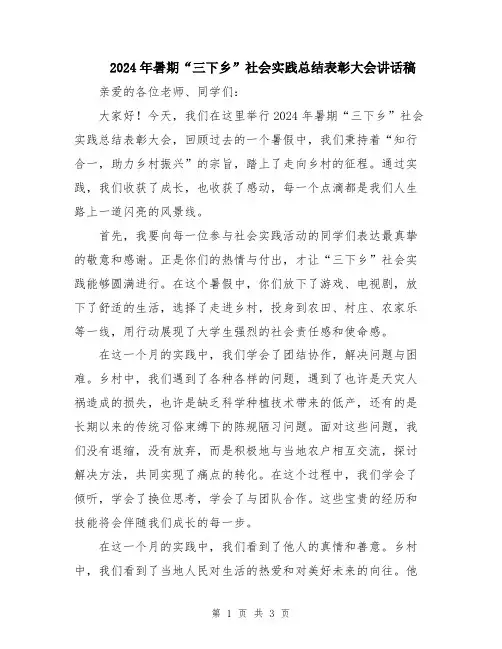 2024年暑期“三下乡”社会实践总结表彰大会讲话稿