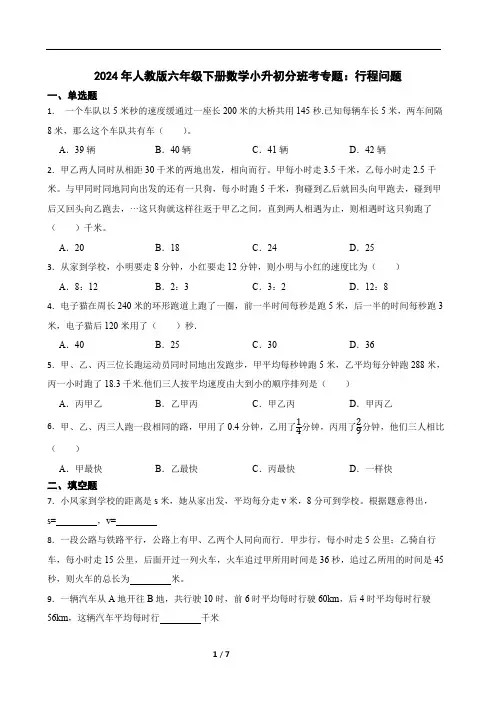 2024年人教版六年级下册数学小升初分班考专题训练：行程问题(含答案)