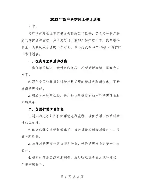 2023年妇产科护师工作计划表