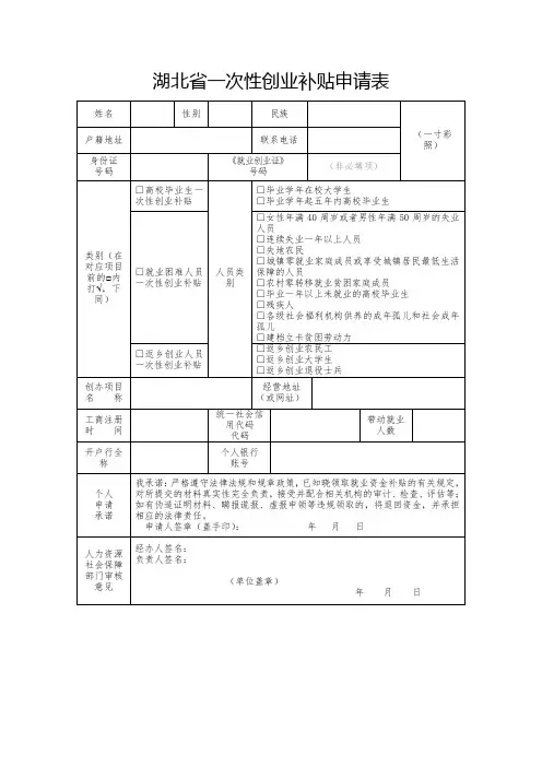 湖北省一次性创业补贴申请表