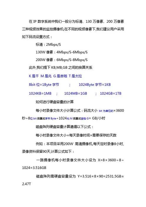 监控摄像机容量计算说明