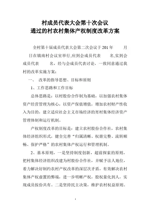 村成员代表大会第十次会议通过的村农村集体产权制度改革方案