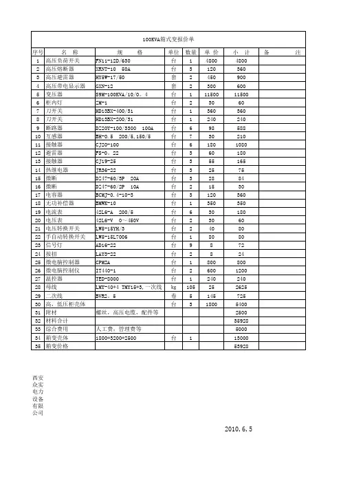 100KVA箱变报价单