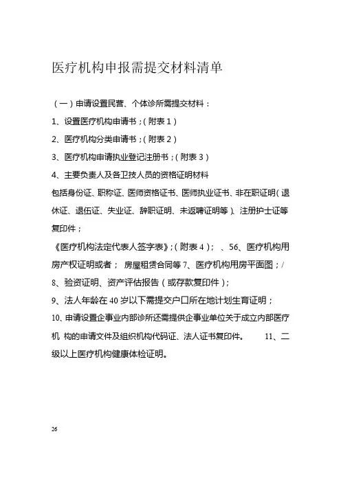 医疗机构申报需提交材料清单