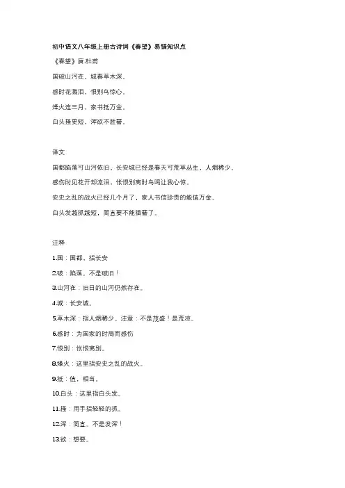初中语文八年级上册古诗词《春望》易错知识点