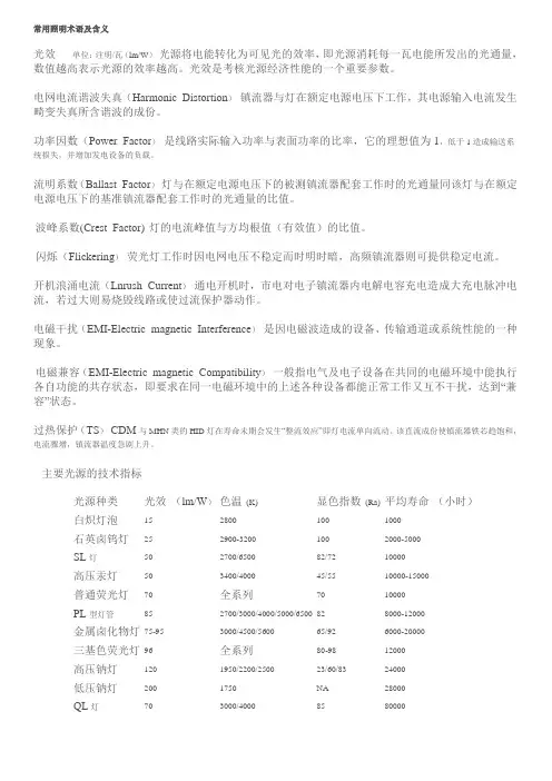 常用照明术语及含义