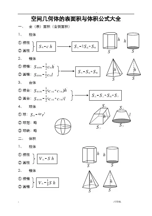 空间几何体的表面积及体积公式大全