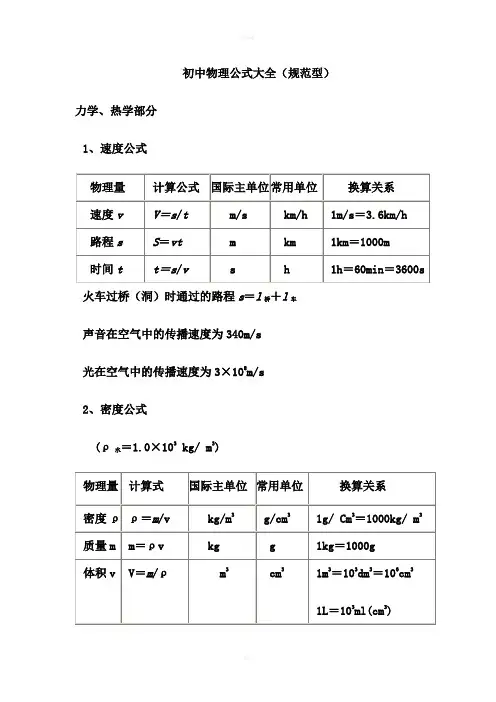 初中物理公式大全(规范型)