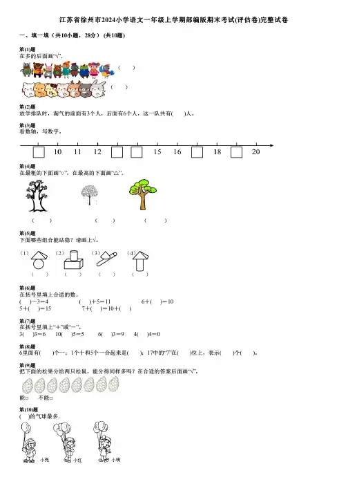 江苏省徐州市2024小学数学一年级上学期部编版期末考试(评估卷)完整试卷