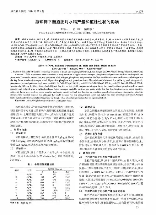 氮磷钾平衡施肥对水稻产量和植株性状的影响