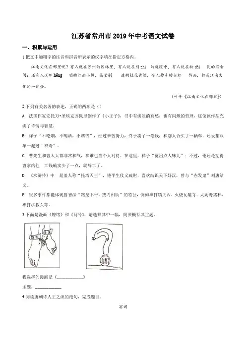 【真题】2019年江苏省常州市中考语文试题(原卷版)