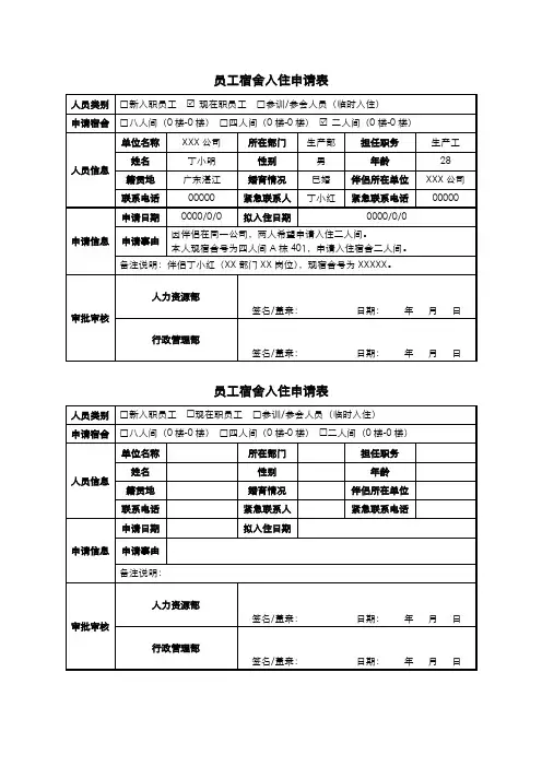 员工宿舍入住申请表